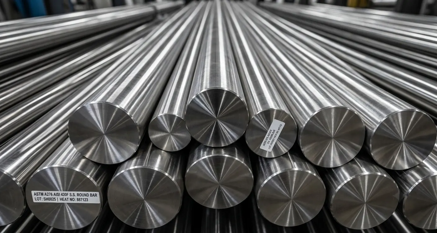 Close-up view of precision-engineered AISI 430F free-machining stainless steel round bars, available for high-volume production at Steel House India.