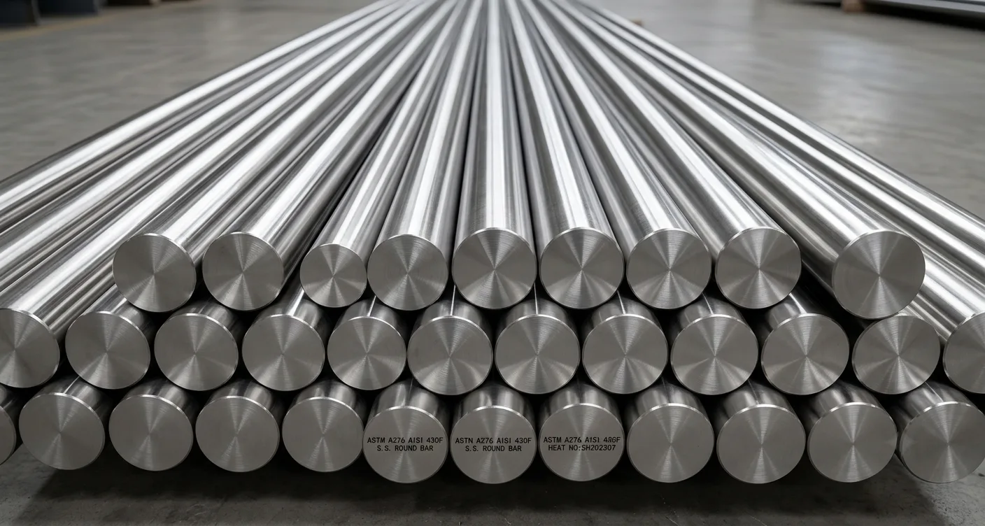 Ready-to-dispatch ASTM A276 AISI 430F stainless steel round bars in the Steel House India Mumbai warehouse, featuring excellent machinability for industrial applications.