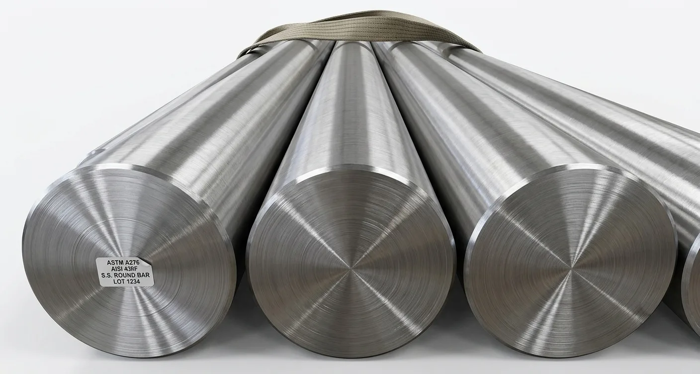A large industrial warehouse stockpile of free-machining AISI 430F stainless steel round bars supplied by Steel House India.
