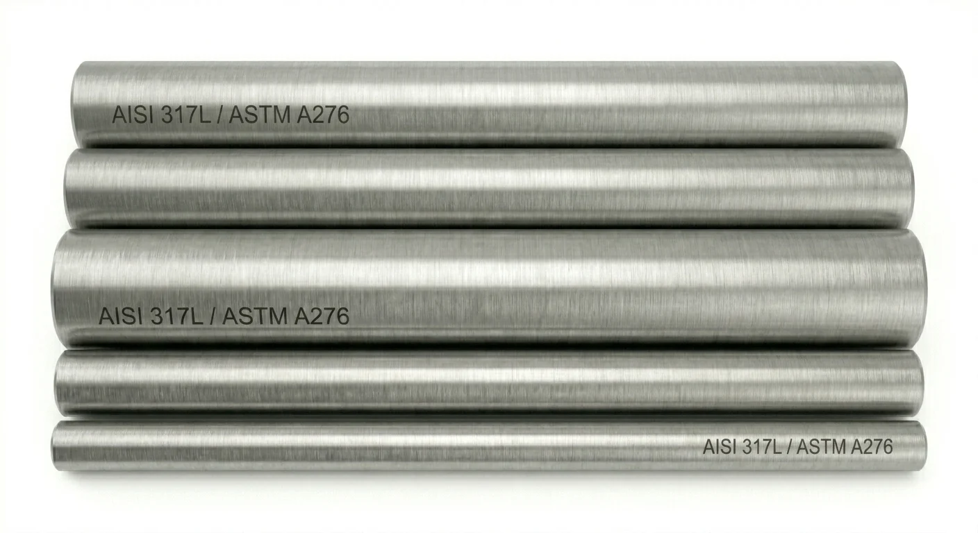 Bulk inventory of ASTM A276 AISI 317L stainless steel round bars, available for immediate domestic supply and export.